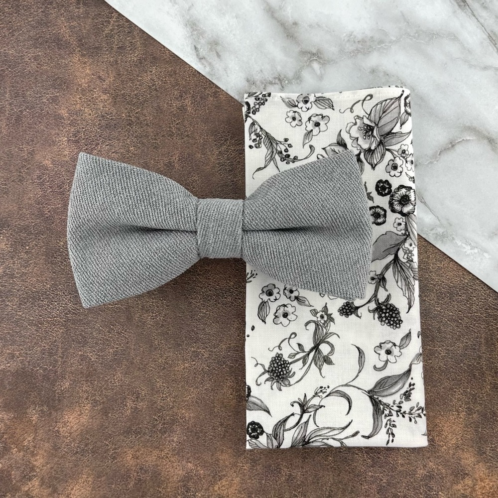 Men’s Silver Gray Velour Bow Tie & White Floral Pocket Square